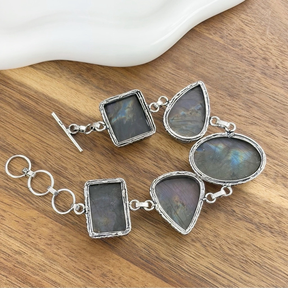 Natural Purple Labradorite Chunky Bracelet Boho New 925 Sterling Silver Overlay - Picture 10 of 11
